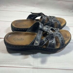 Clarks Slip ons Leather Comfort Sandals Adjustable Black‎ - Womens Size 7.5M